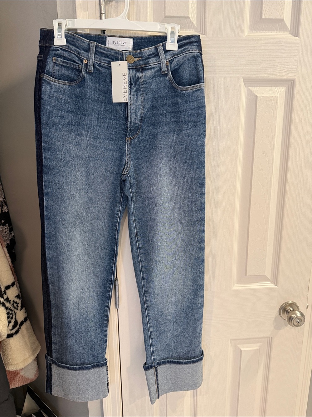 Evereve Mid-Blue Cropped Cuffed Jeans with Dark Side Stripe